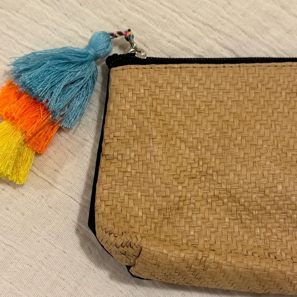 Woven Tan Clutch Cosmetic Pouch - Colorful Tassel Pom Pom / Toiletry bag